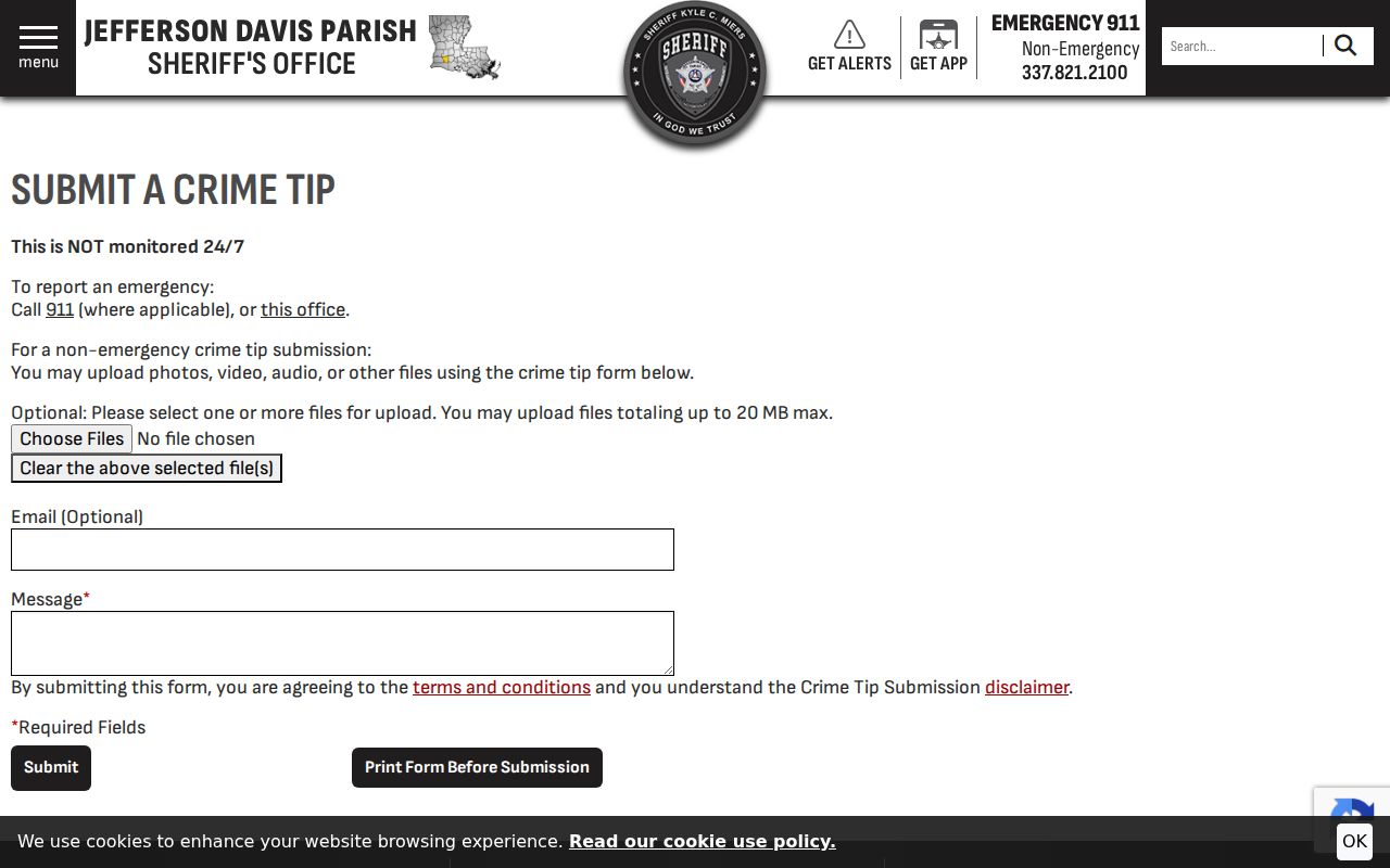 Crime tip form used for Jefferson Davis County most wanted tips