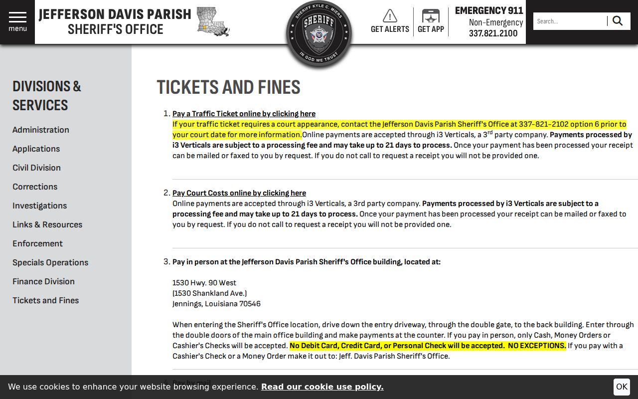 Sheriff traffic ticket and court cost payment page for Jefferson Davis County traffic warrants