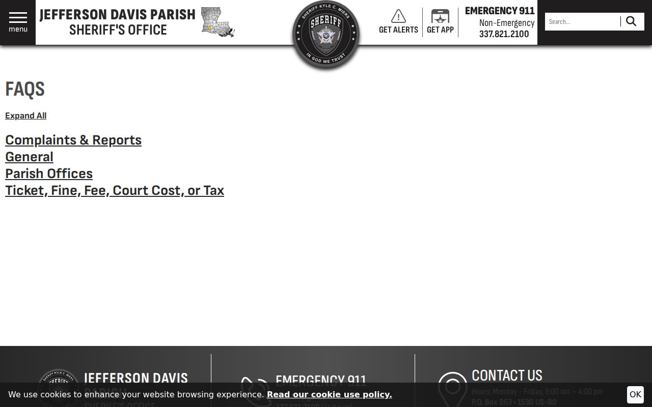 Courthouse clerk and district attorney routing page used for Jefferson Davis County arrest warrant questions