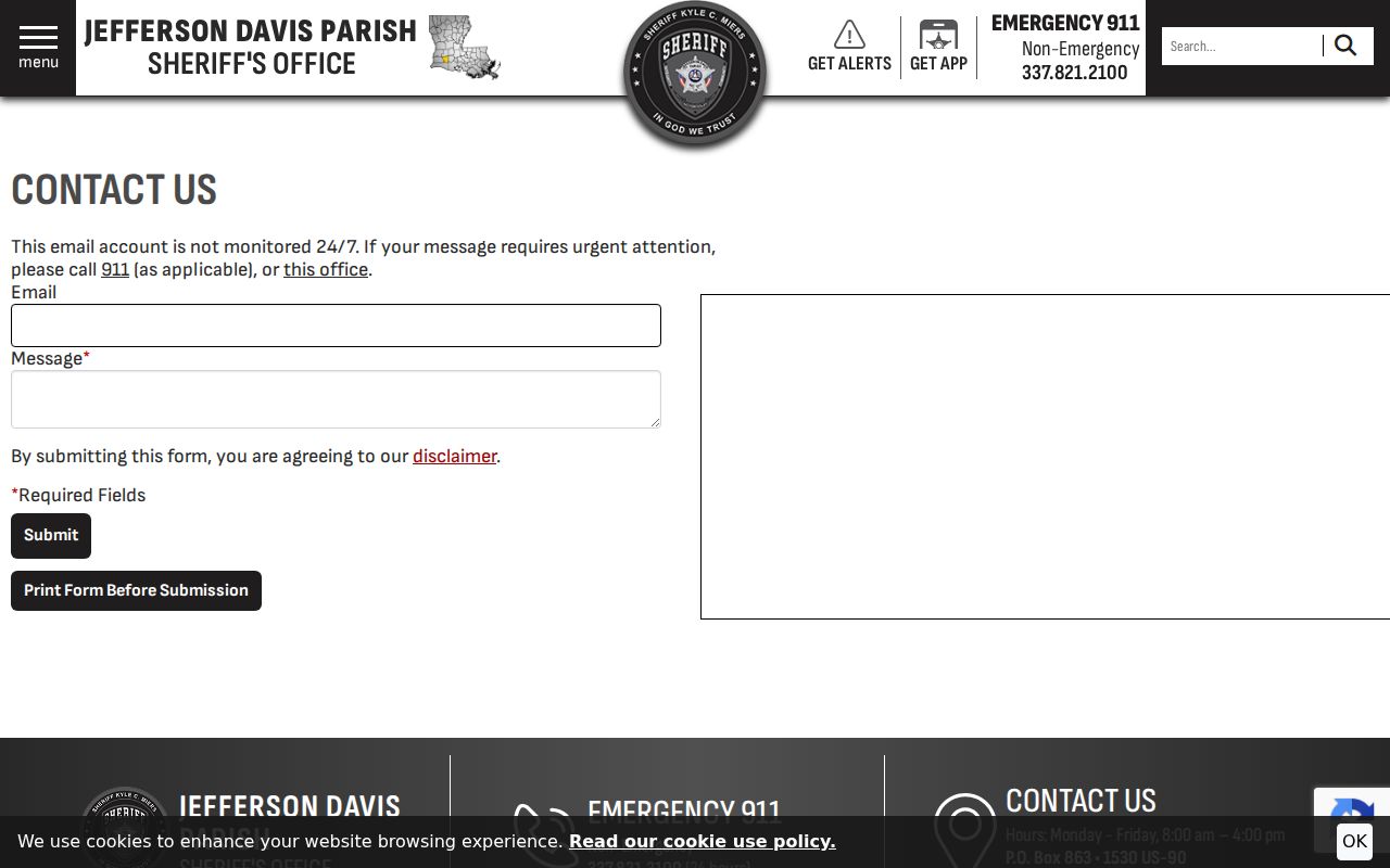 Sheriff contact form used for Jefferson Davis County active warrant questions