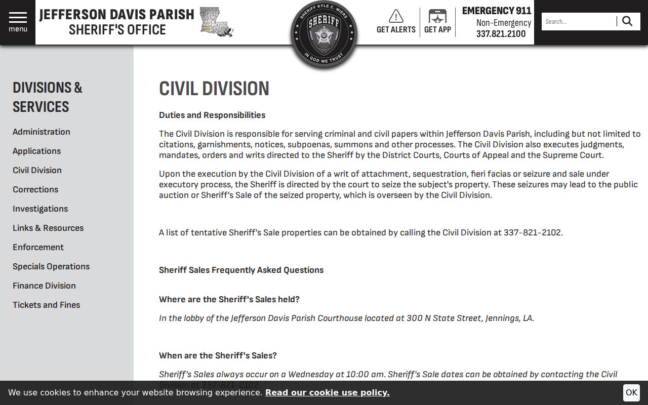 Sheriff civil division service page for Jefferson Davis County arrest warrant records