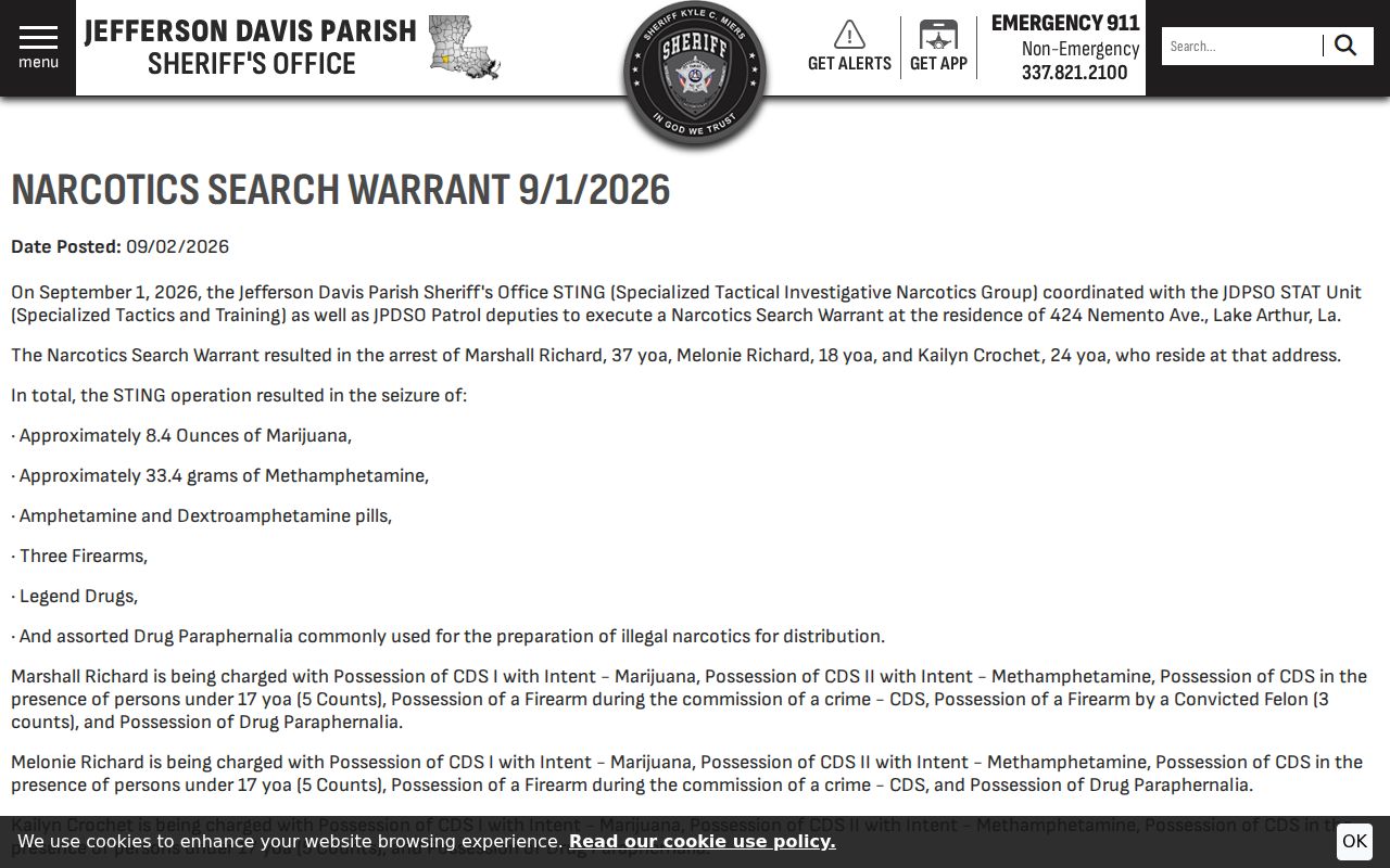 Lake Arthur warrant execution release for Jefferson Davis County arrest warrant context