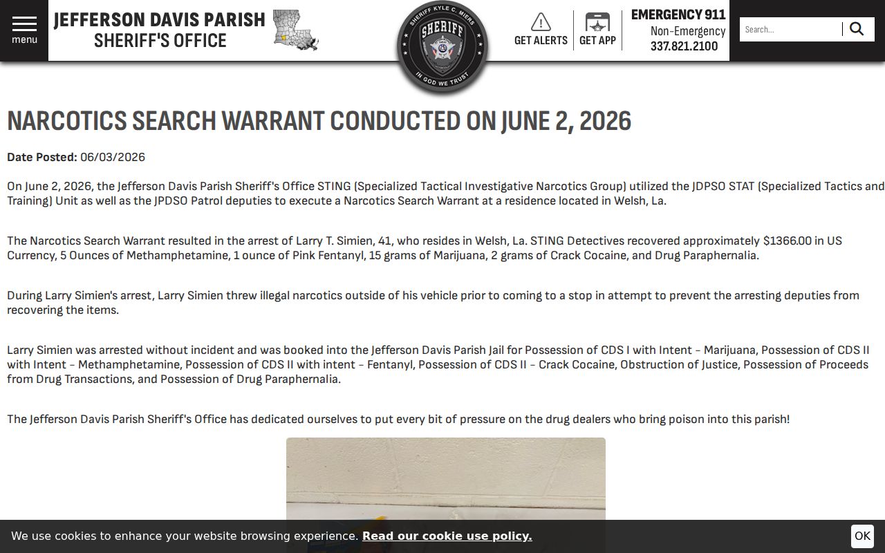 Sheriff press release on a Welsh warrant execution for Jefferson Davis County warrant records