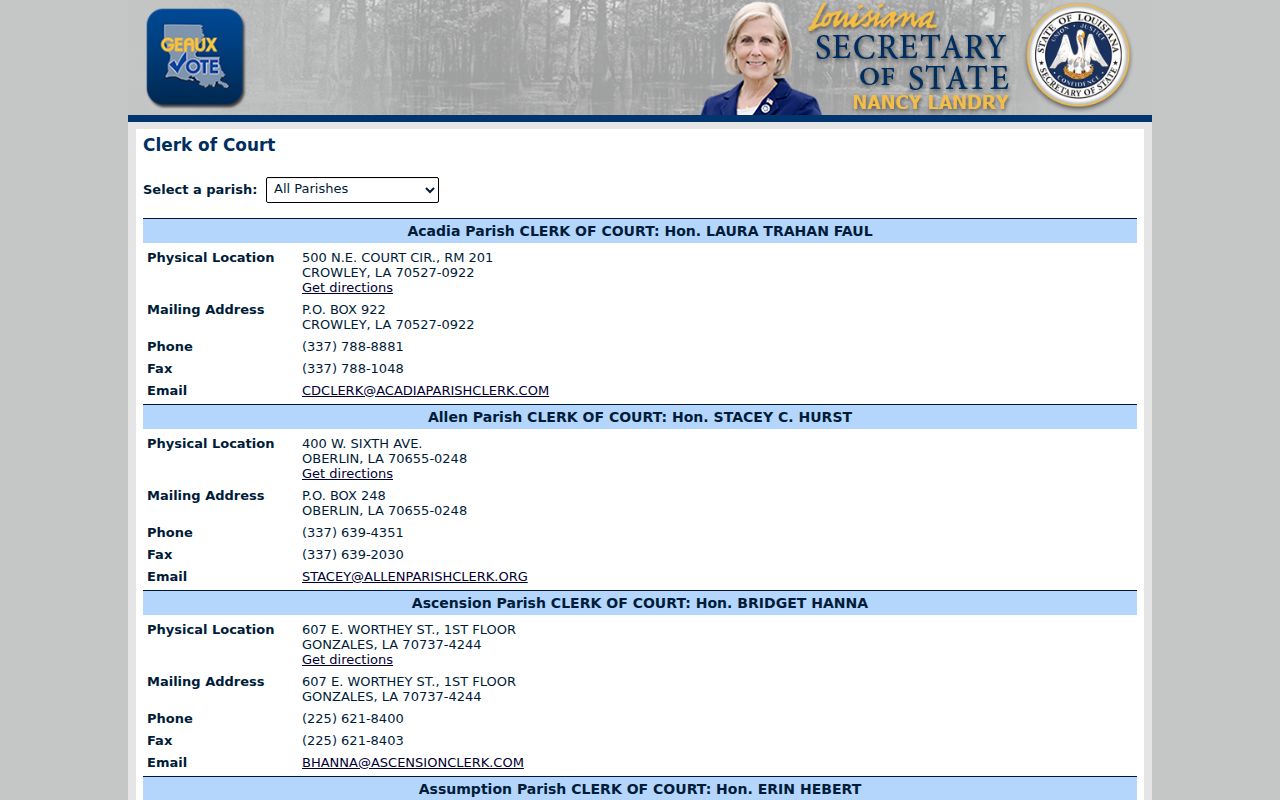 Louisiana Clerk of Court directory used for Jefferson Davis County warrant record requests