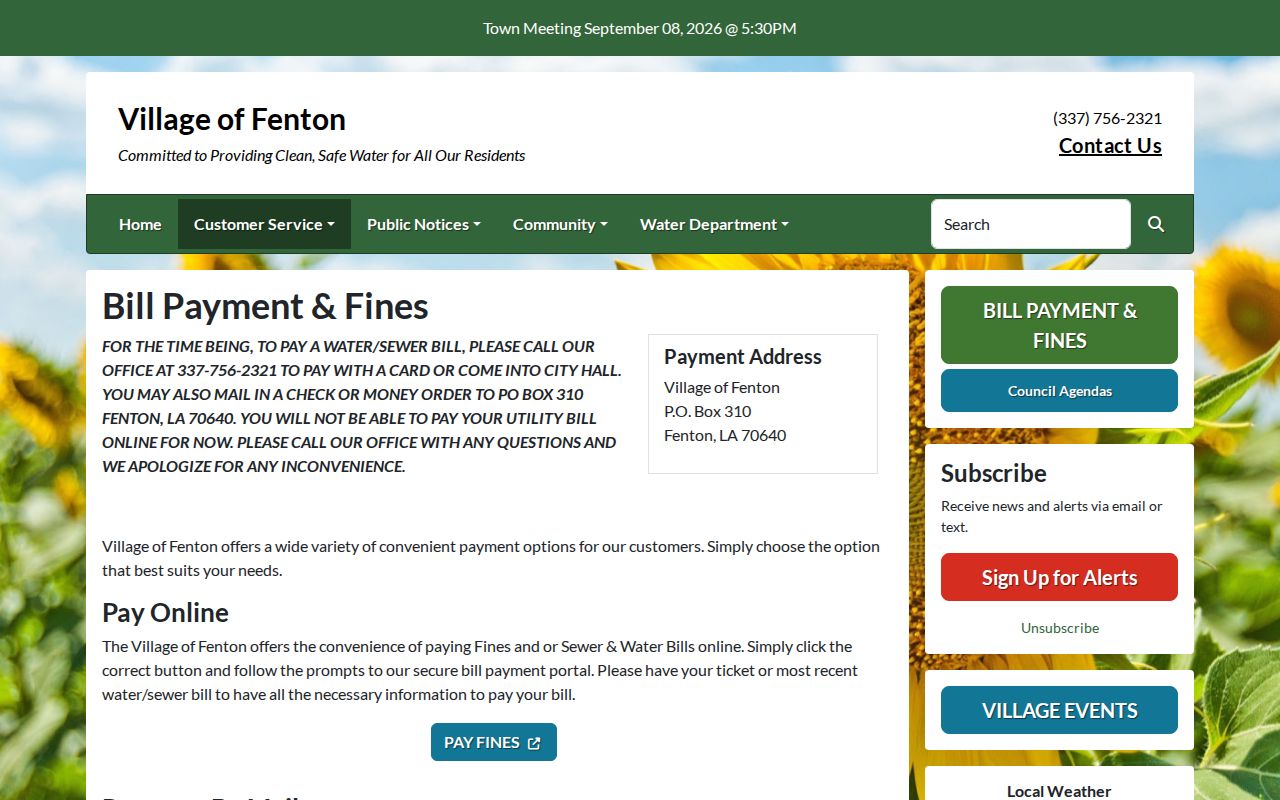Fenton municipal fine payment page for Jefferson Davis County warrant records