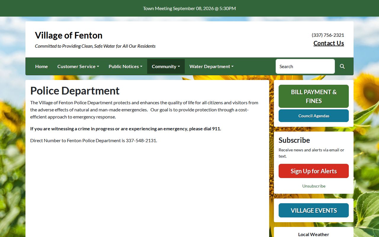 Fenton Police Department contact page for Jefferson Davis County warrant records