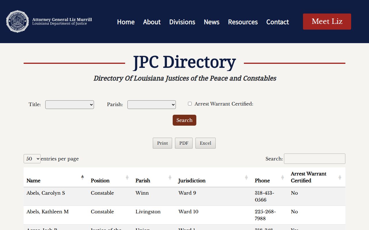 Louisiana justice of the peace and constable directory used for Jefferson Davis County warrant checks