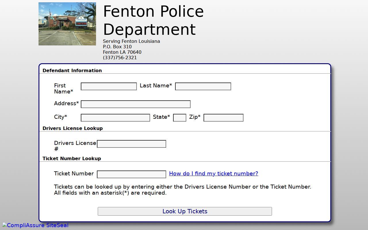 Ticket lookup payment form used for Jefferson Davis County traffic warrant questions