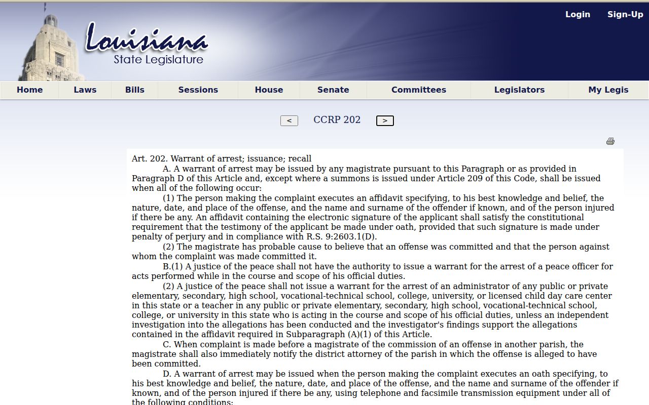 Louisiana arrest warrant authority page used for Jefferson Davis County warrant records