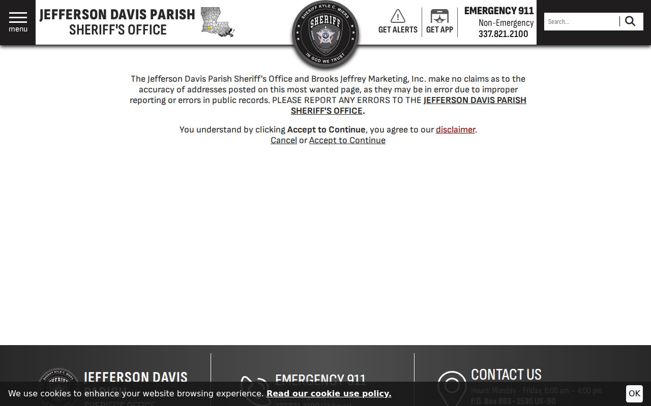 Most wanted accuracy disclaimer for Jefferson Davis County warrant records