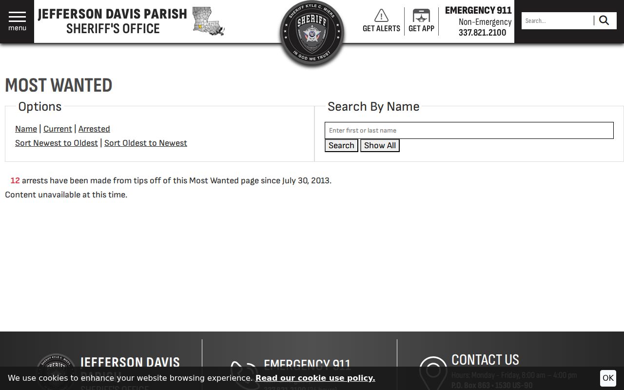 Sheriff most wanted search controls used for Jefferson Davis County active warrant checks